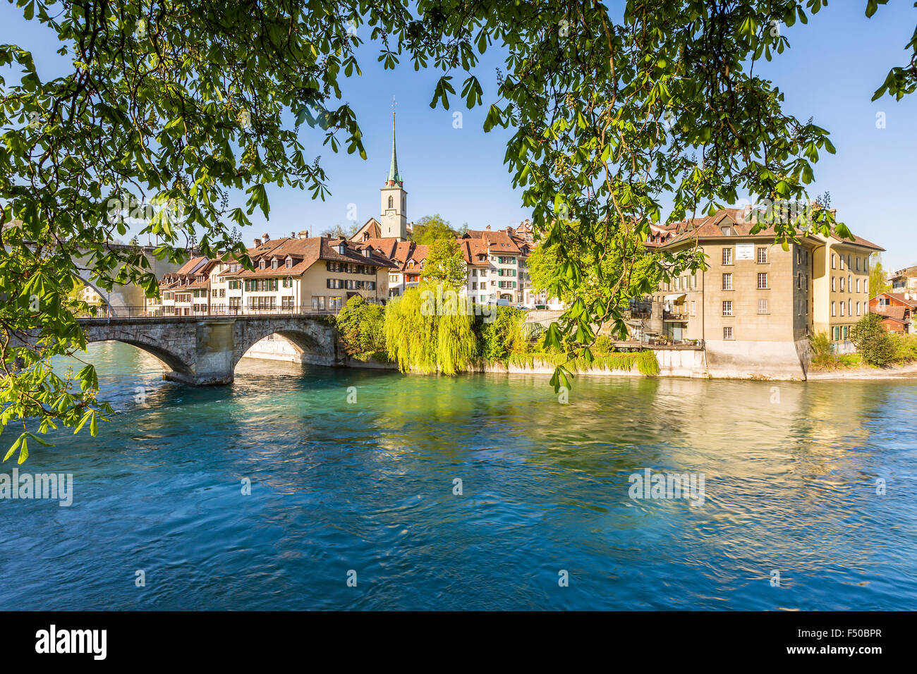 View across River Aare with Untertor Bridge, Bern, Switzerland, Europe. Stock Photo