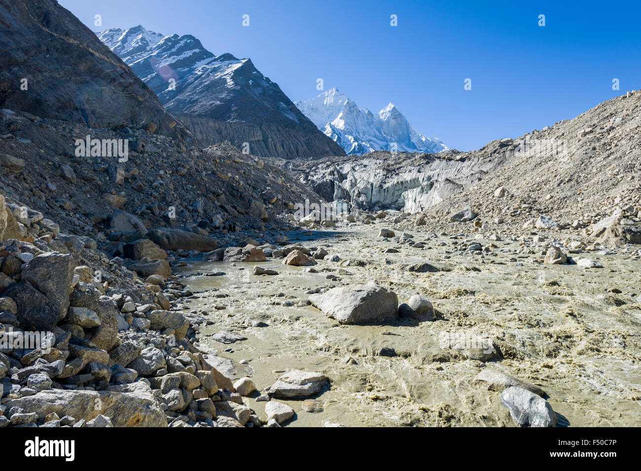 Gaumukh, the main source of the holy river Ganges, is located at the break-off edge of the Bhaghirati Glacier Stock Photo