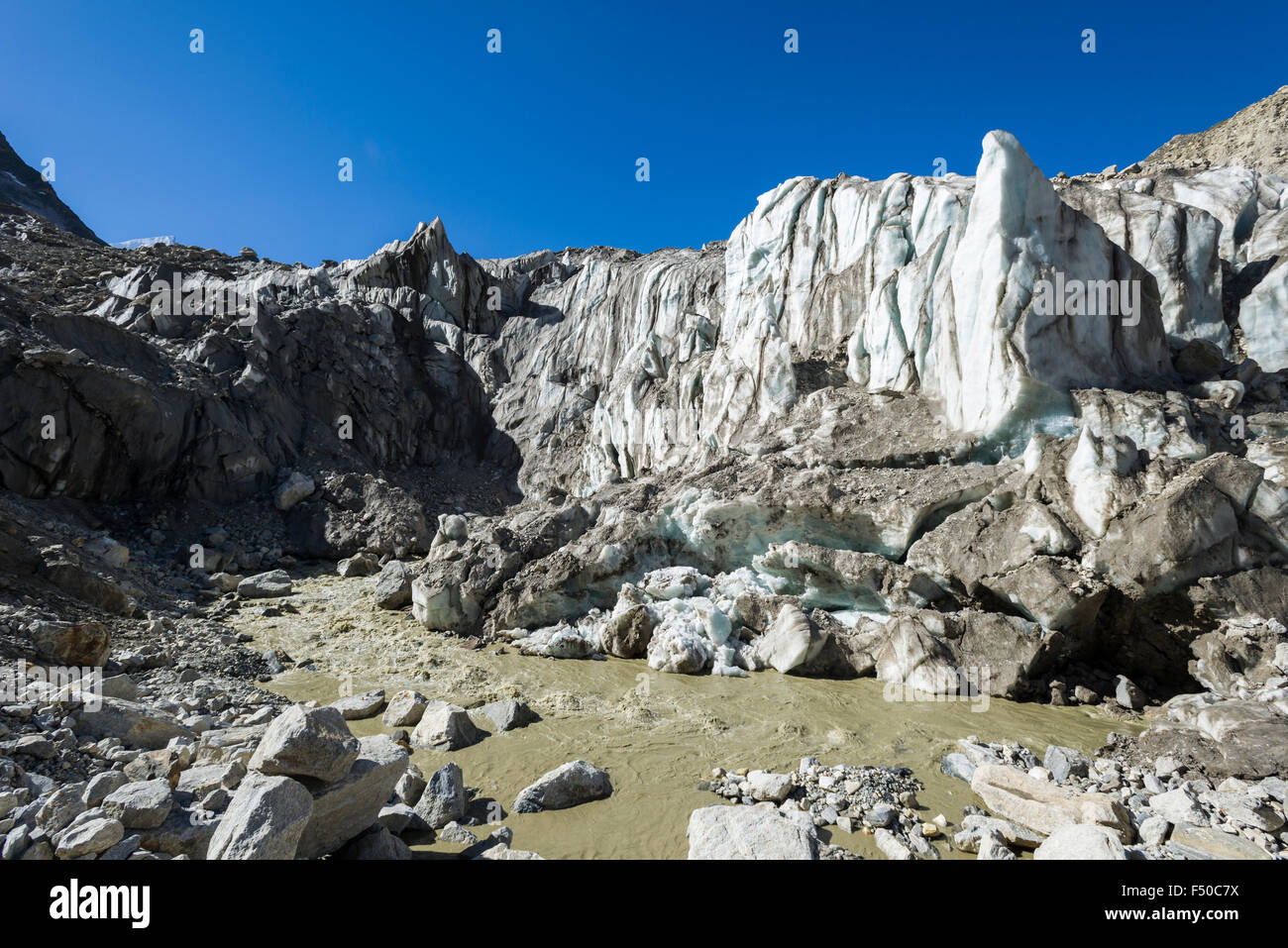 Gaumukh, the main source of the holy river Ganges, is located at the break-off edge of the Bhaghirati Glacier Stock Photo