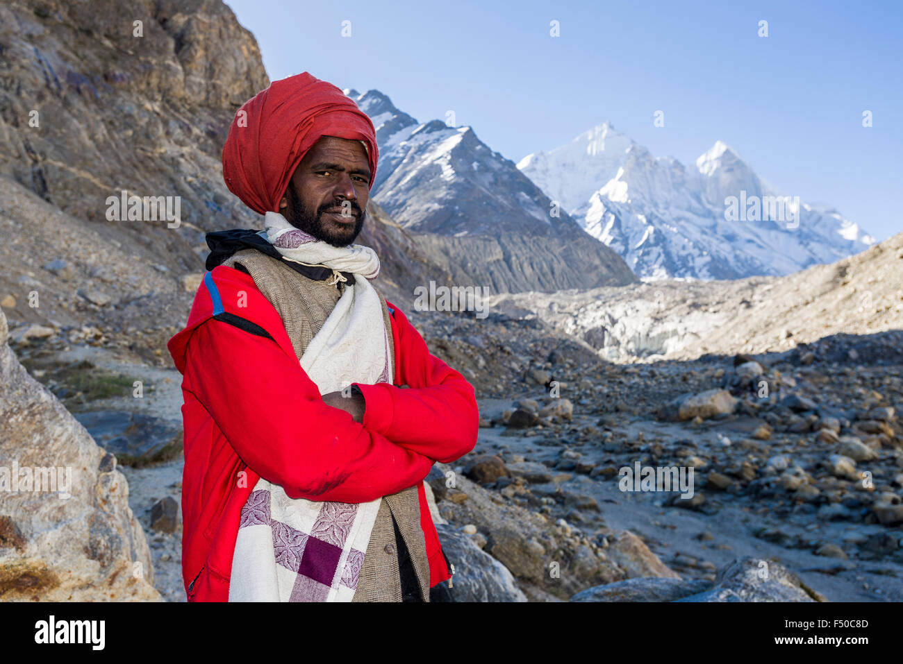 A Sadhu, holy man, on his way up to Gaumukh, the main source of the holy river Ganges Stock Photo