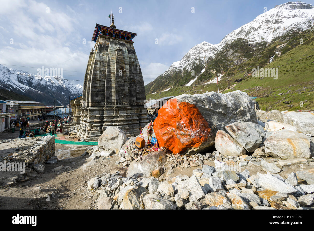 The small town around Kedarnath Temple got totally destroyed by the 2013 flood, only ruins are left Stock Photo