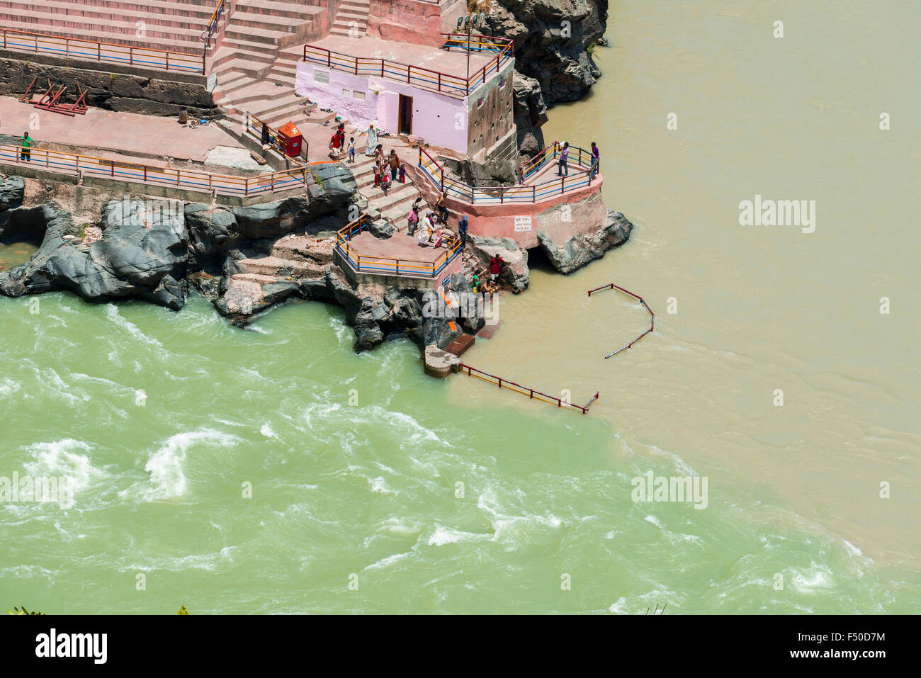 The Sangam at Dev Prayag, the confluence of the rivers Bhaghirati and Alakananda, the place, where the holy river Ganges starts Stock Photo