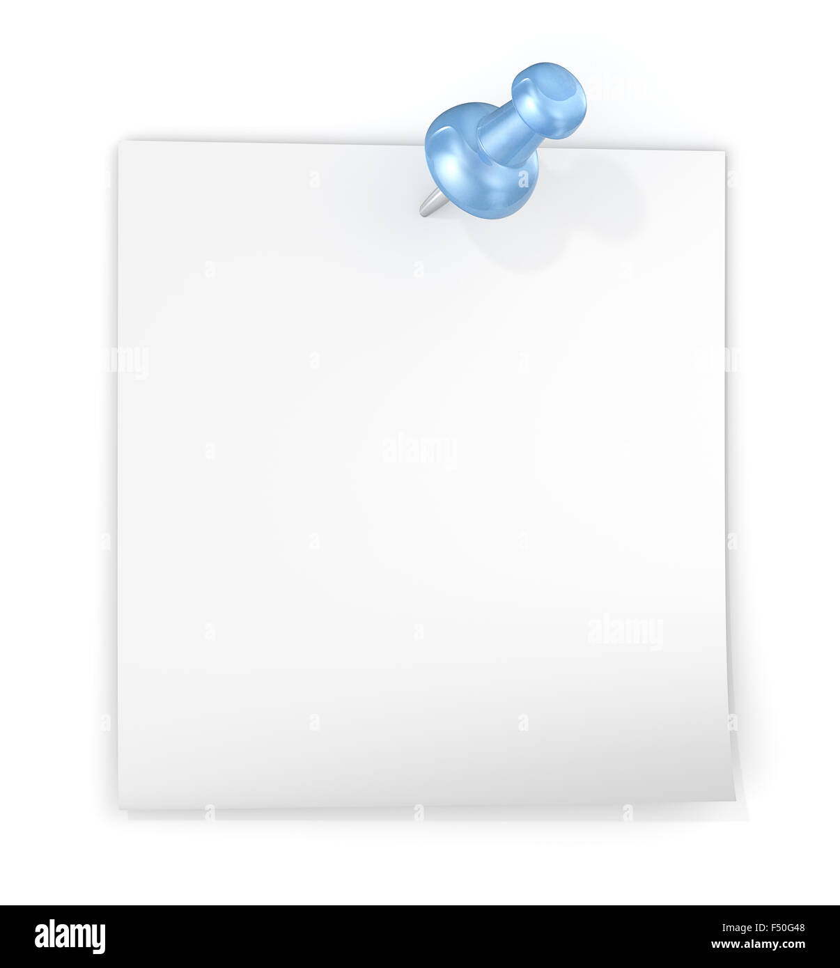 White sticky note with Blue semi transparent plastic Push Pin. Blank for Copy Space. Stock Photo