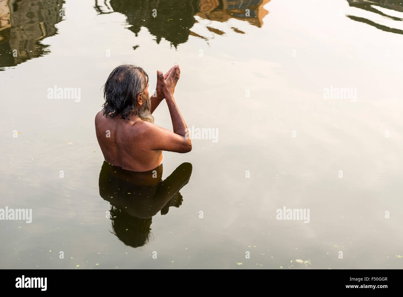A man is praying, standing in the holy waters of the river Godwari Stock Photo