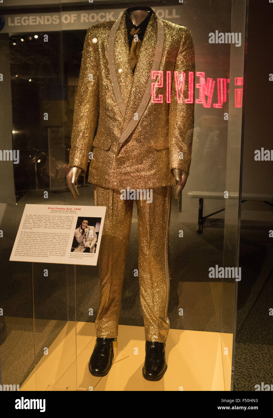 Shiny gold suit worn by Elvis Presley located in the Rock & Roll Hall of Fame in Cleveland, Ohio Stock Photo