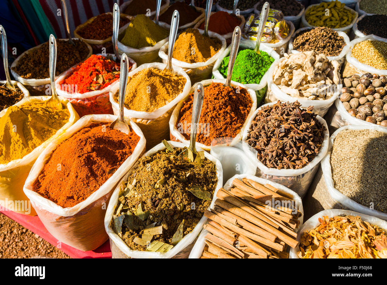 Many different goods like typical indian spices and curries are