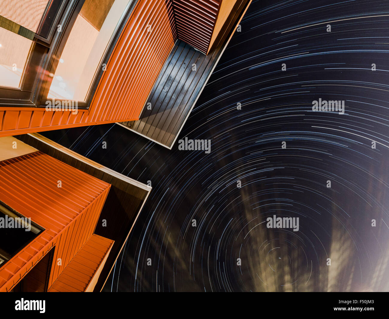 Star spin trails over the houses in Austin, Texas Stock Photo