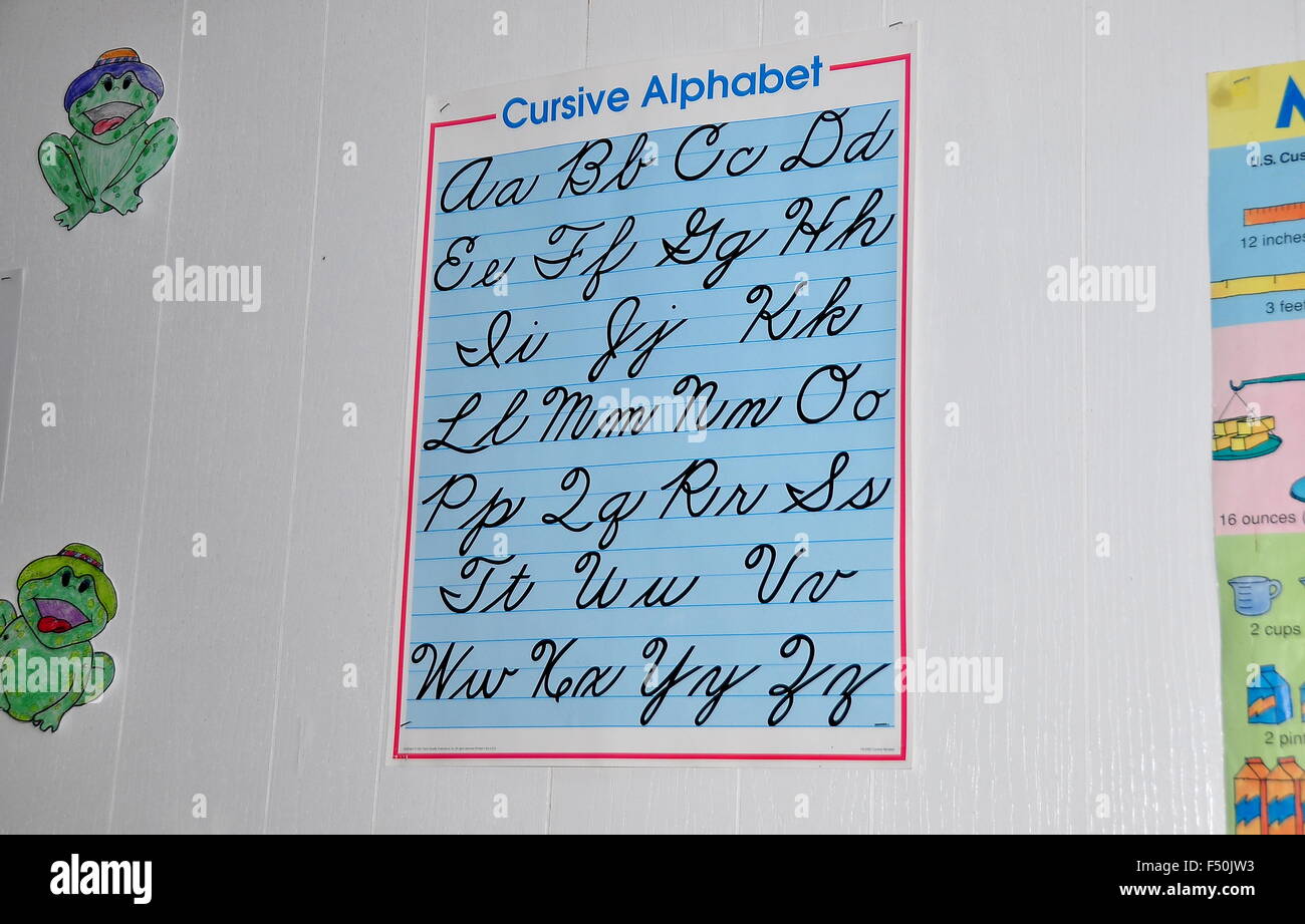 Lancaster, Pennsylvania: Chart showing the cursive alphabet in the Willow Lane school house at the Amish Farm & House Museum Stock Photo