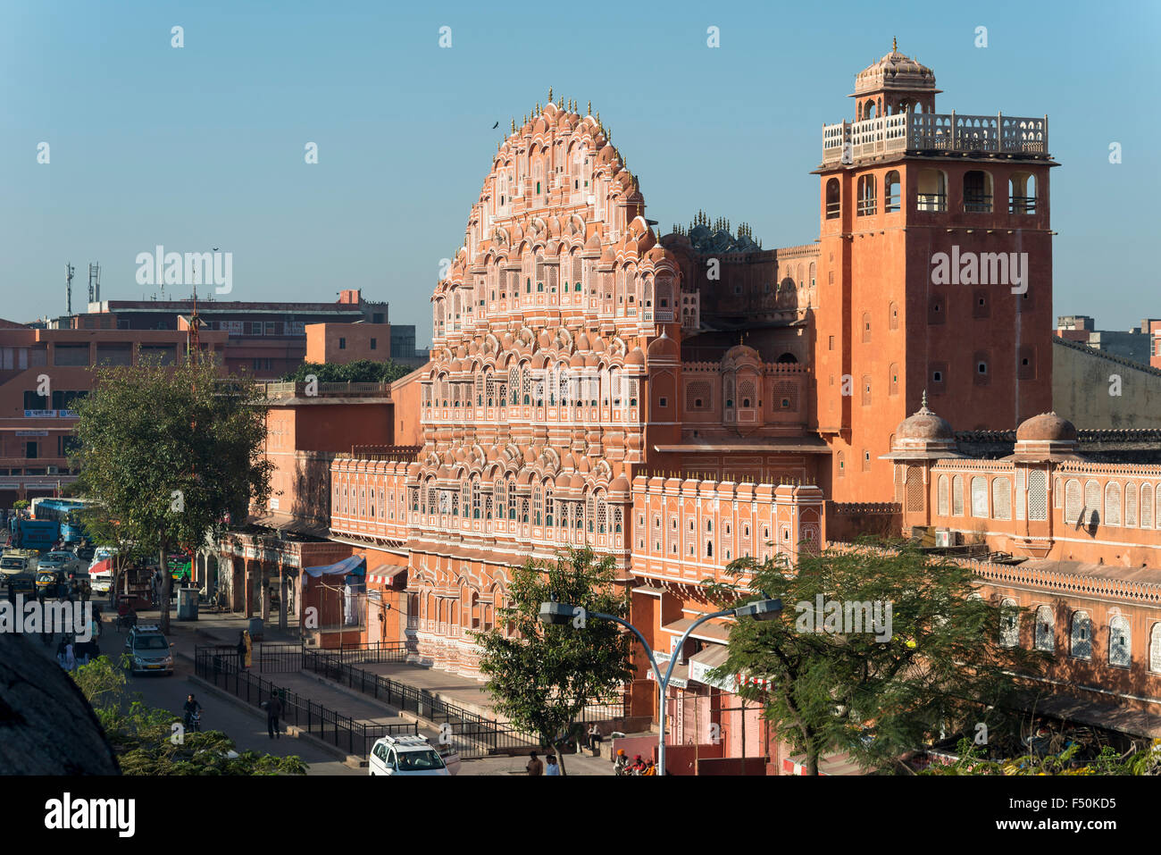 The Hawa Mahal, Palace Of The Winds, is one of the major tourist attractions of the old walled Pink City Stock Photo