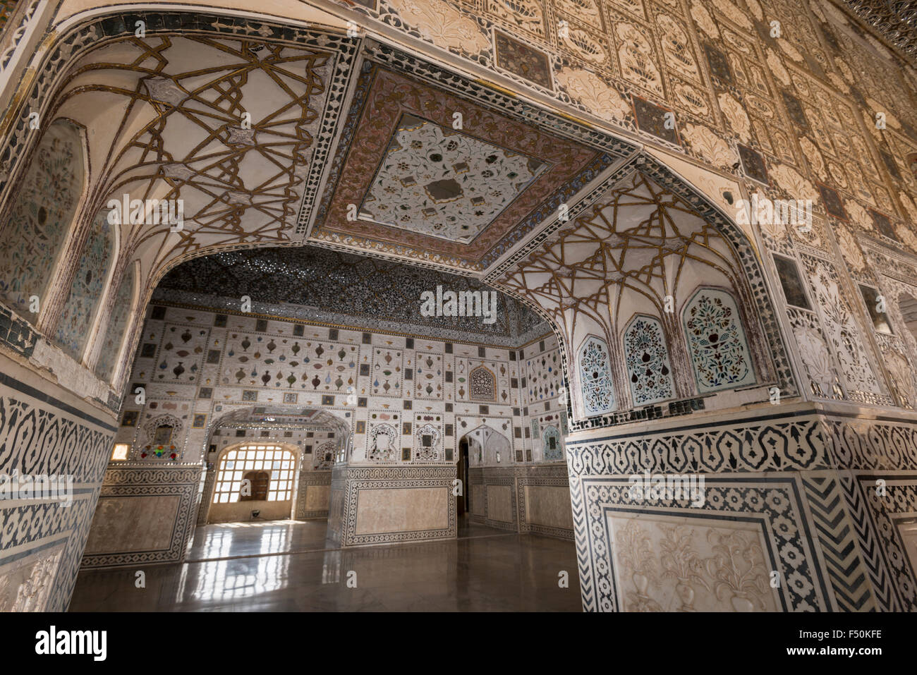 Sheesh Mahal, the mirror palace, is part of the private palaces of the Maharajas at Amber Fort Stock Photo