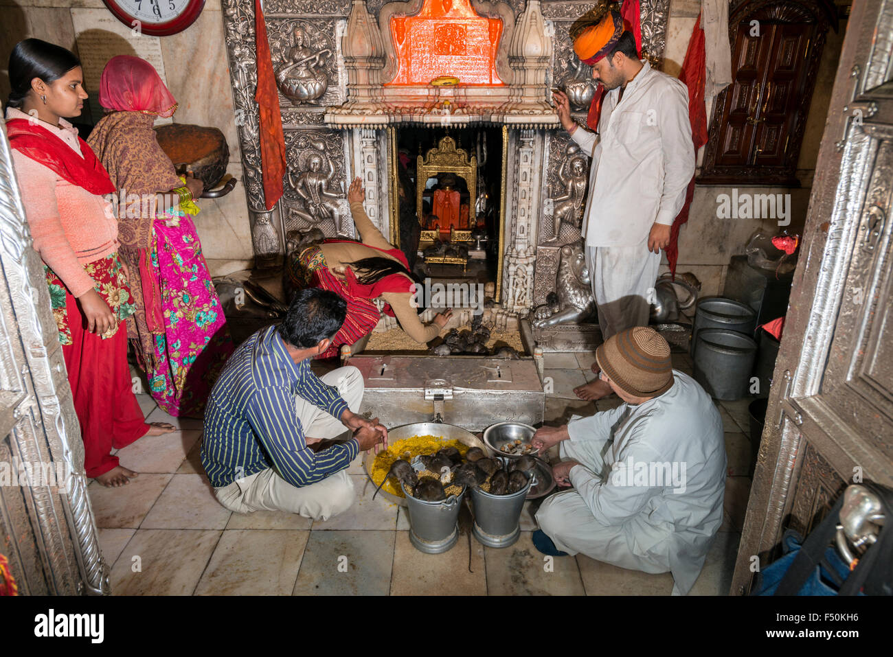 Pilgrims are making offerings at the holy sanctuary of Karni Mata Temple, a famous Hindu temple dedicated to Karni Mata. It is a Stock Photo