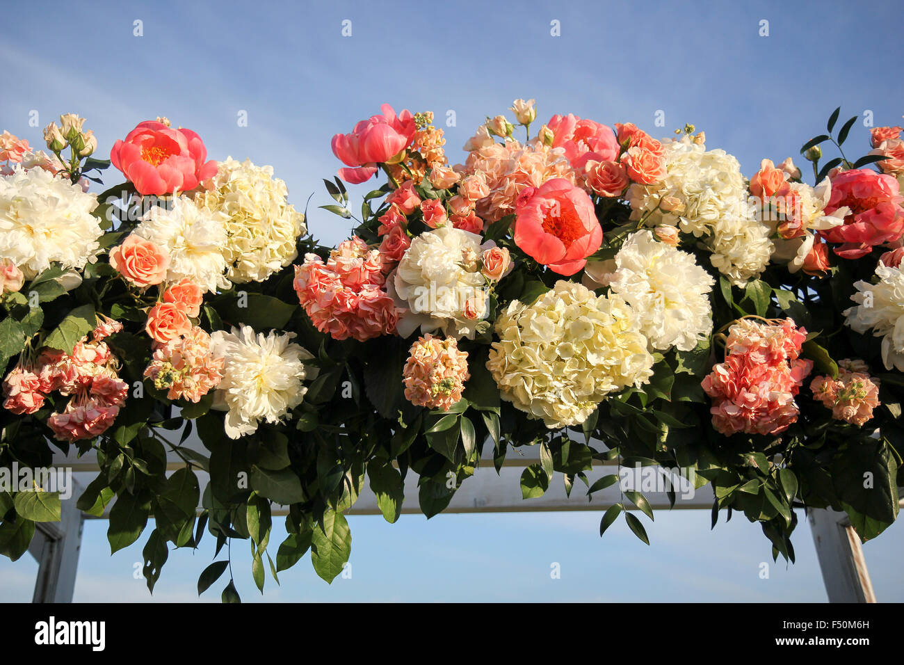Flowers on a trellis at a wedding ceremony, Cape Cod, Massachusetts, Stock Photo