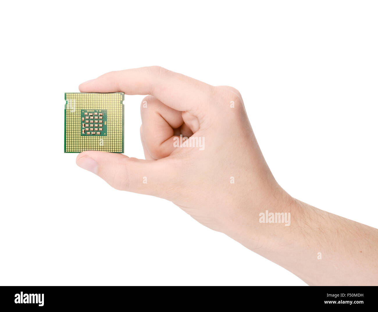 The processor is in male hands on a white background, isolated Stock Photo