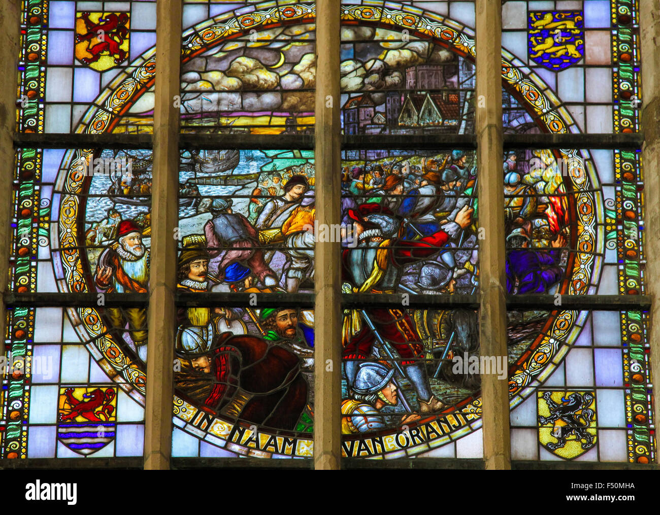 Stained glass window depicting the Capture of Brielle (Den Briel) in