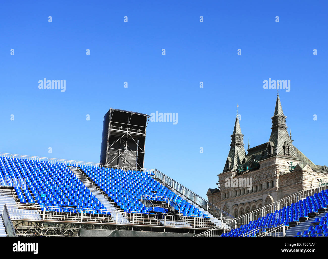 Spectator tribunes and scenery on the Red Square in Moscow in preparation for the festival Stock Photo