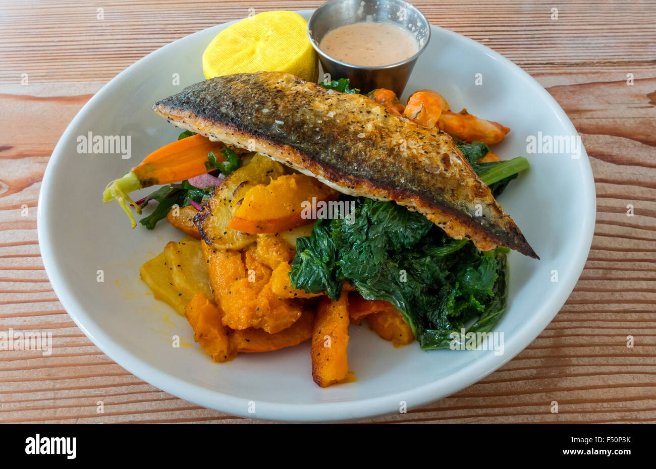 Grilled mackerel with roasted turnips, mustard greens, gigante beans