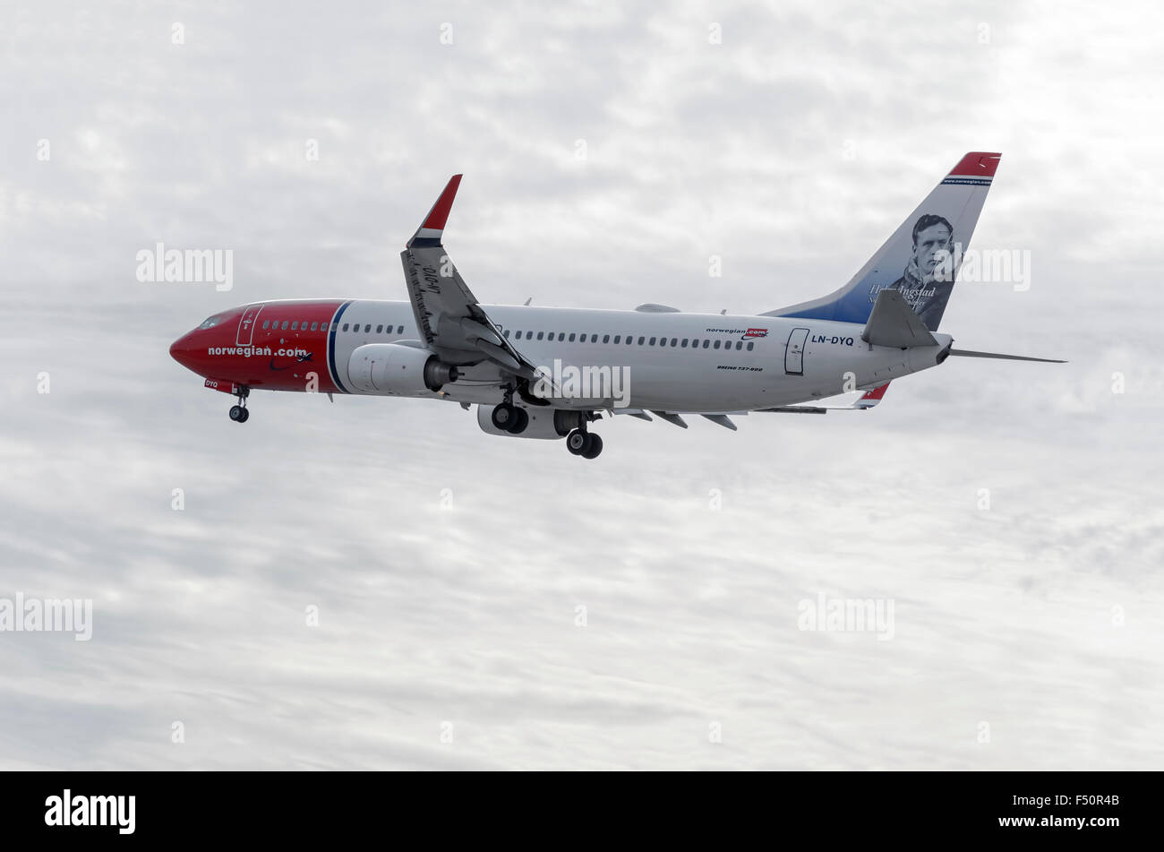 Aircraft -Boeing 737-8JP-, of -Norwegian (Helge Ingstad livery)- airline, is landing on Madrid-Barajas -Adolfo Suarez- airport. Stock Photo