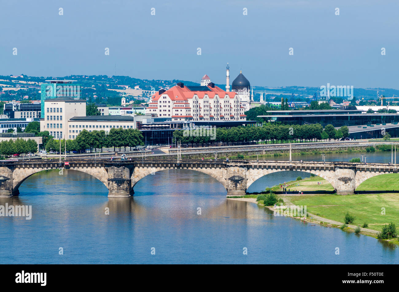 The Maritim Hotel and the congress centre behind the Marien Bridge crossing the river Elbe Stock Photo