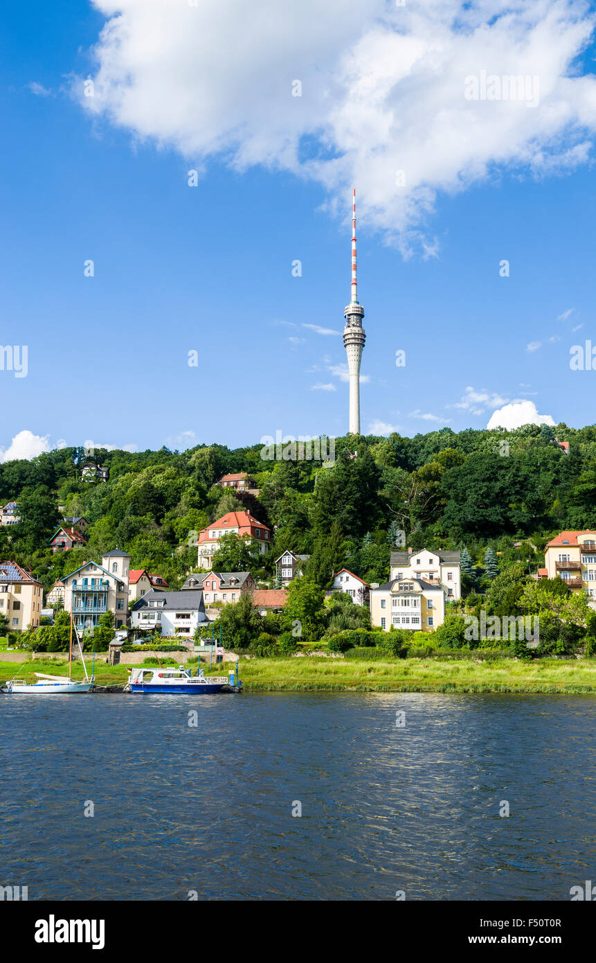 The Dresden TV tower seen across the river Elbe Stock Photo