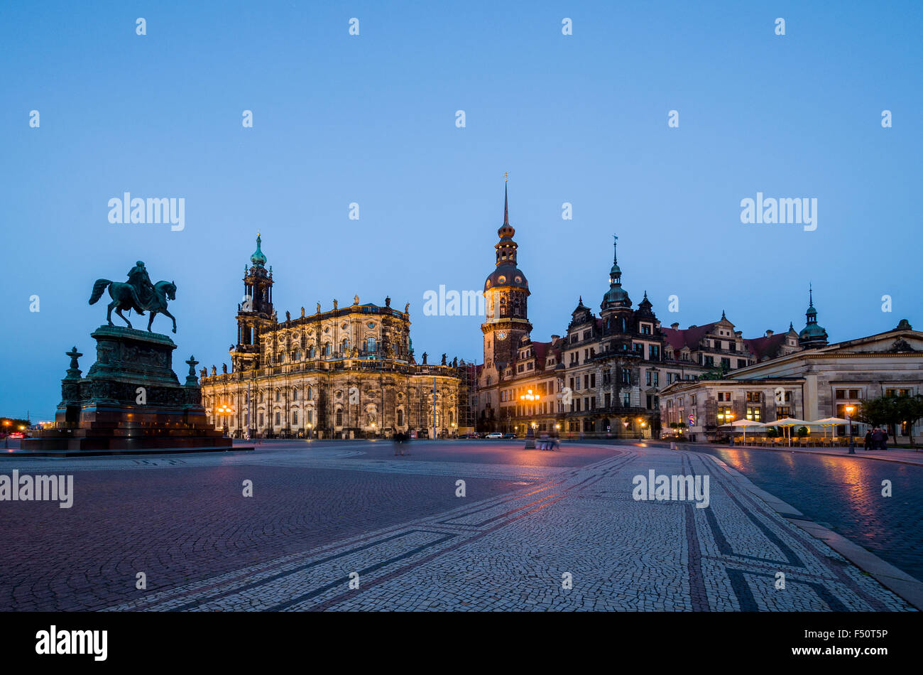 The church Catholic Court Chapel and Dresden Castle at night, seen from Semper Opera Stock Photo