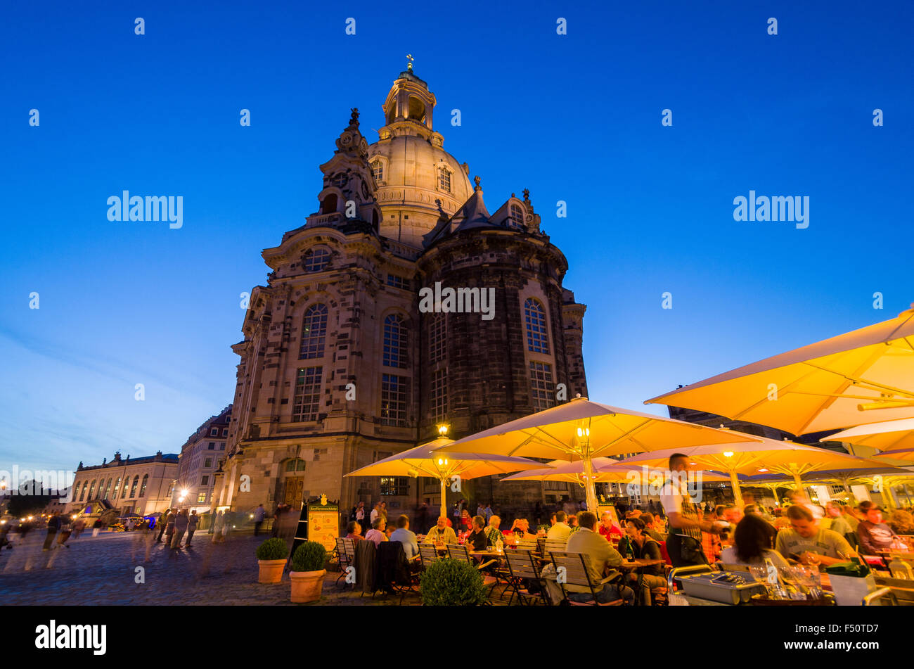 Neumarkt at night with restaurants and the Church of our Lady in the back Stock Photo