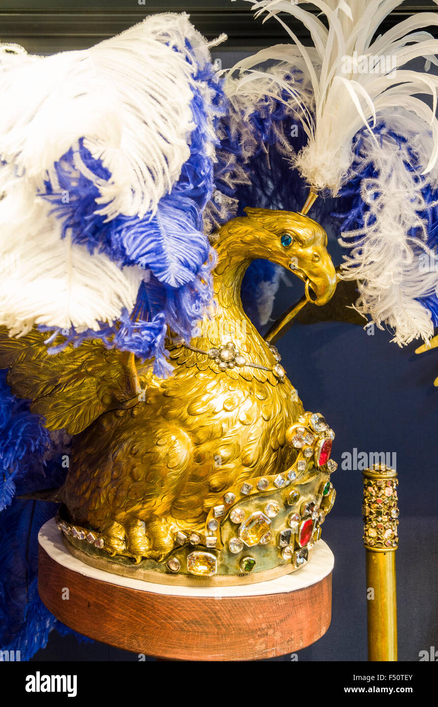 Swan made from brass, decorated with feathers  in the exhibition Saxon Armoury inside Kennel Stock Photo