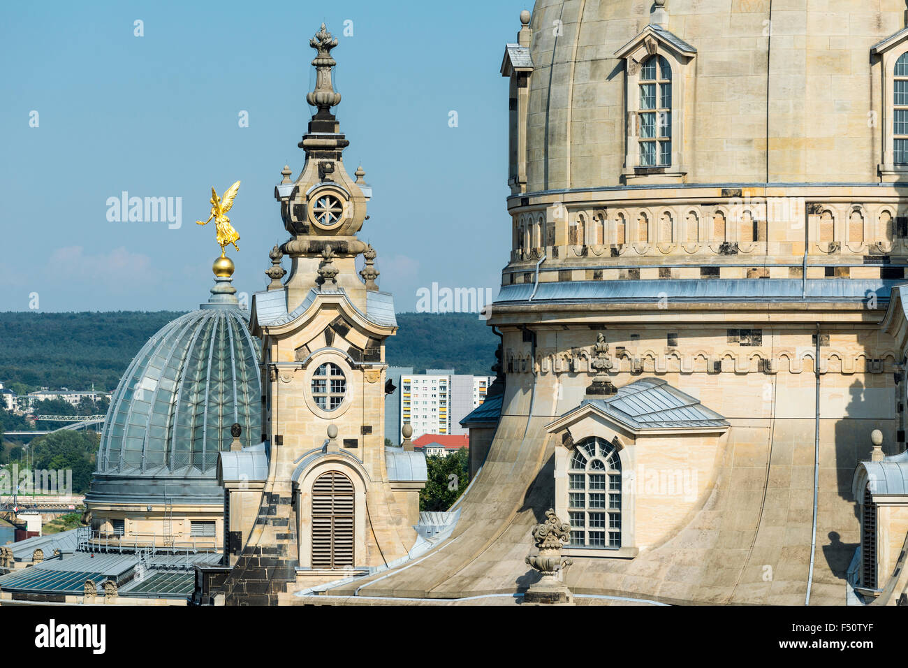 An aerial view of a detail of the Church of our Lady and the roof of the Academy of Arts in the old part of town Stock Photo