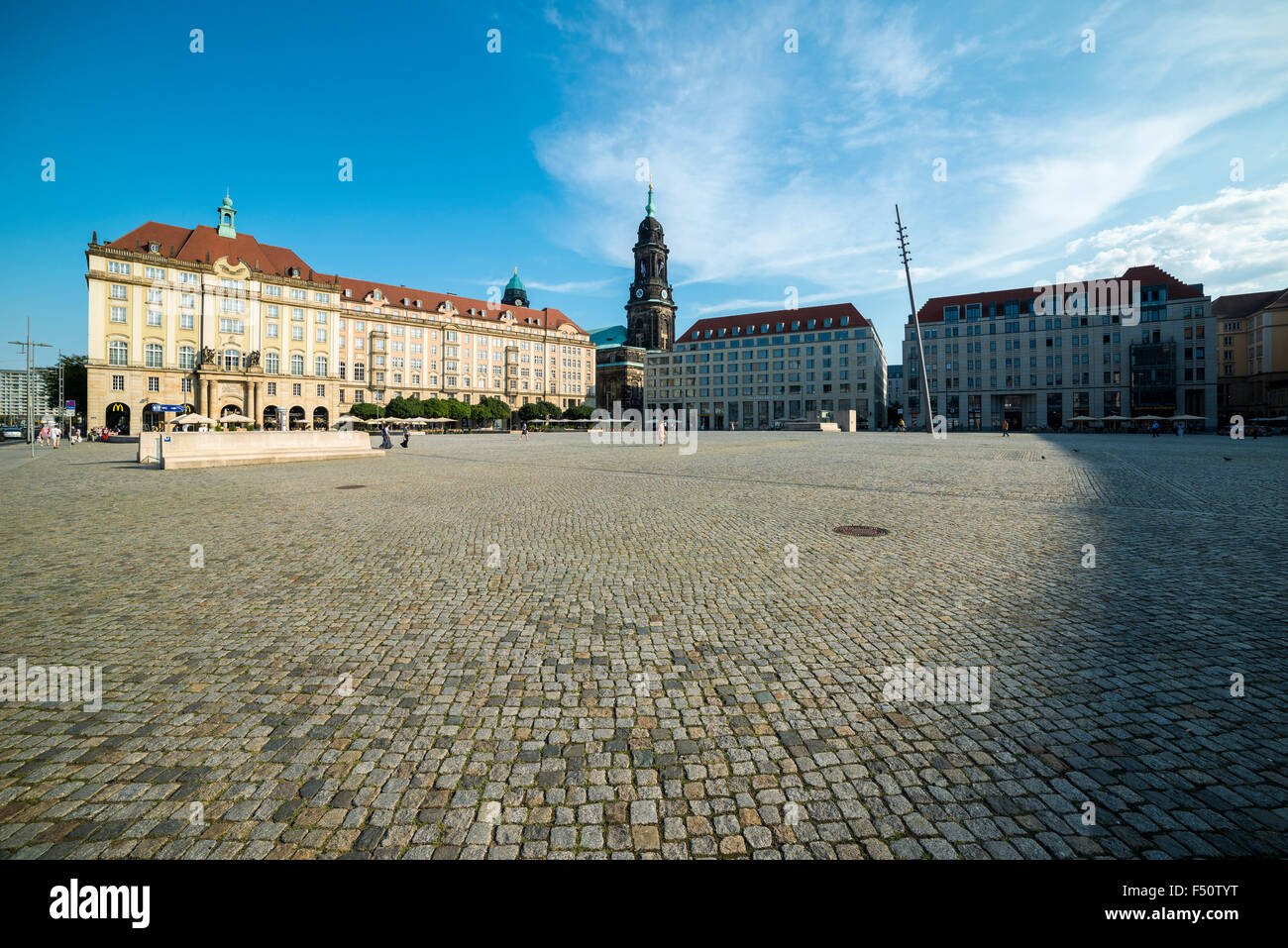 A panoramic view of the square Altmarkt with the building Haus Altmarkt and the Cruciform Church in the old part of town Stock Photo