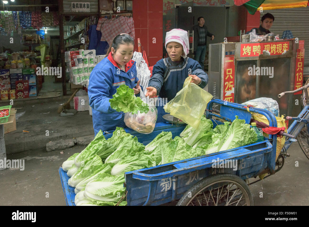 Women selling and buying sui choy from a bicycle cart, Rongjiang, Guizhou Province, China Stock Photo
