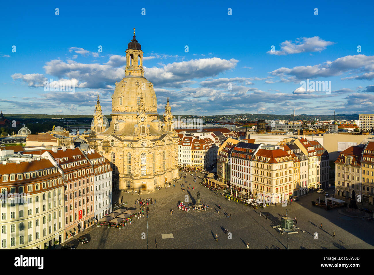 An aerial panoramic view of the Neumarkt and the church Church of our Lady in the old part of town Stock Photo