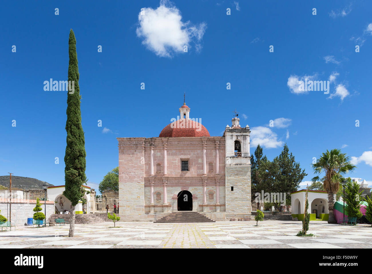 Front view of The Church Of San Pablo located at the entrance to the archaeological site in Mitla, Oaxaca, Mexico. Stock Photo