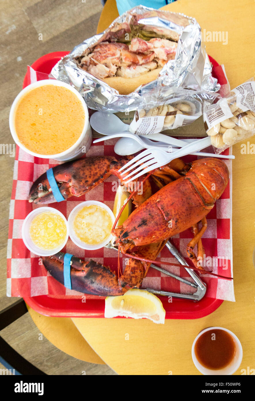 Lobster meal; Boiled; chowder; roll Stock Photo