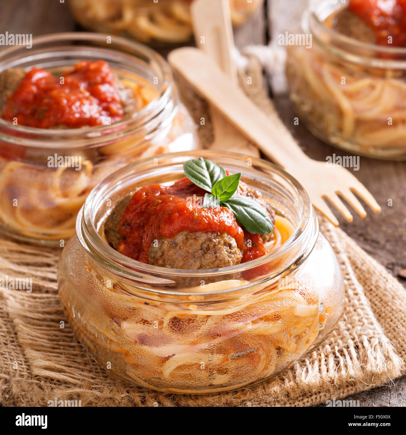 Spaghetti With Meatballs And Tomato Sauce In A Jar Stock Photo Alamy