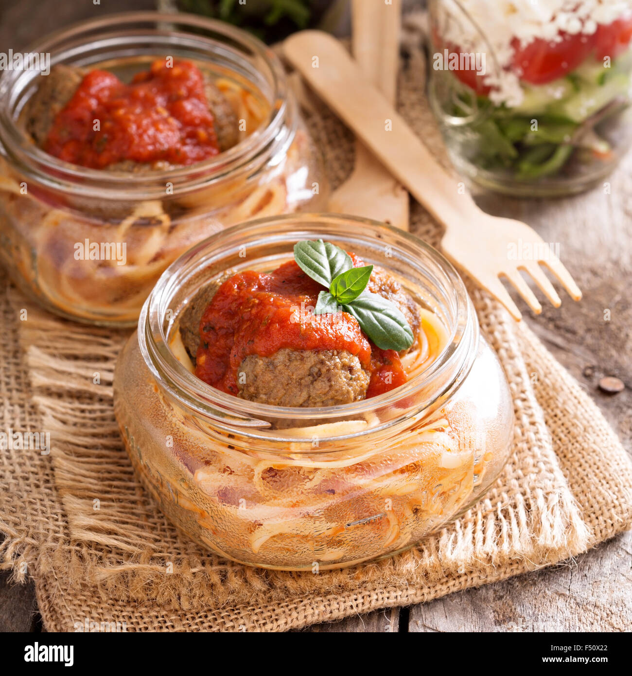 Spaghetti with meatballs and tomato sauce in a jar Stock Photo Alamy
