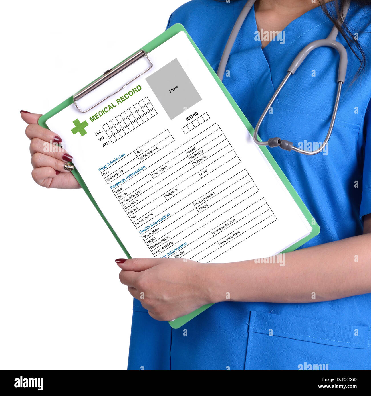 Medical record in medical officer hands on white background. Stock Photo