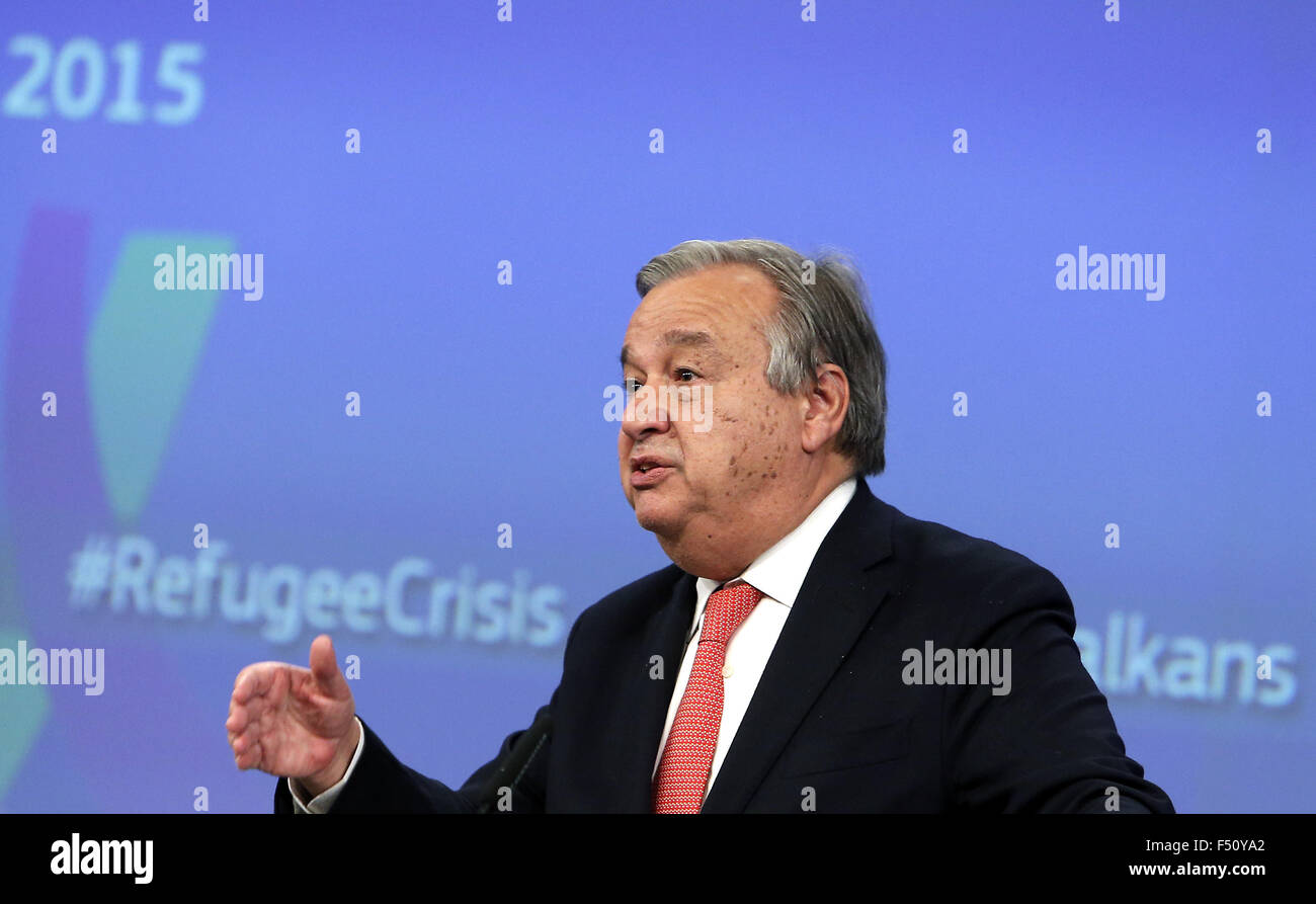 Brussels, Belgium. 26th Oct, 2015. The UN's High Commissioner for Refugees Antonio Guterres speaks during a press conference at the end of the special EU summit with Western Balkan nations situated along the migrant routes into Europe in Brussels, Belgium, on Oct. 26, 2015. The European Union (EU) and Balkan countries are seeking further cooperation on tackling migrant crisis at a mini summit held here on Sunday. Credit:  Zhou Lei/Xinhua/Alamy Live News Stock Photo