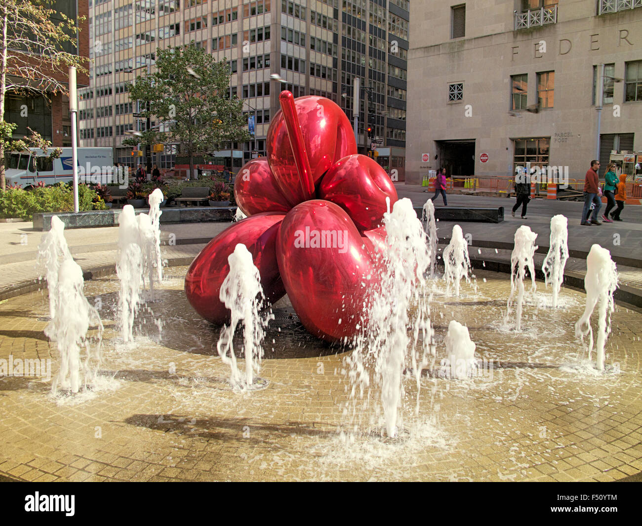 Jeff Koons red balloon metal sculpture in lower Manhattan. Stock Photo