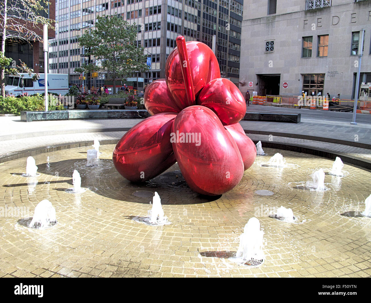 View of Jeff Koons Red Balloon metal sculpture, Lower Manhattan, New