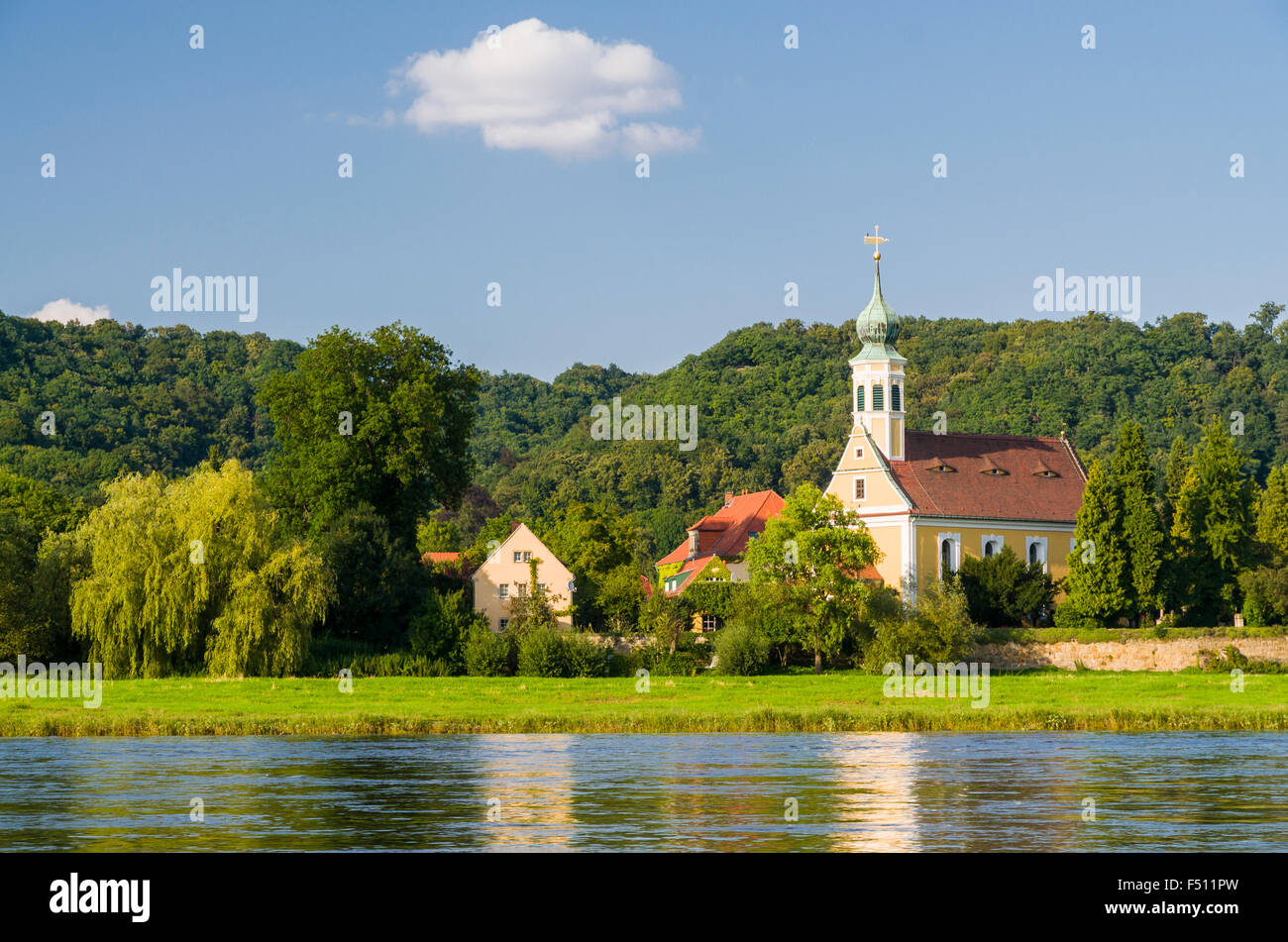 The little Chapel Maria am Wasser, situated 11 km out of the City at the river Elbe Stock Photo