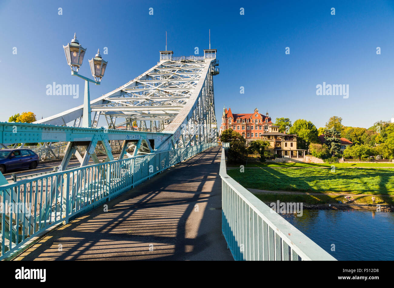 The historical Blue Wonder Bridge crossing the river Elbe in the township Blasewitz Stock Photo