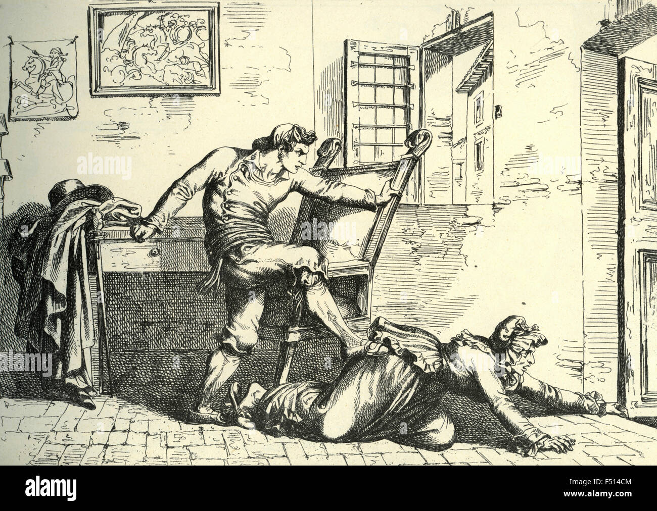Illustration: Calpurnia driven hard by Patacca, for the bad explanation made to him of his dream Stock Photo