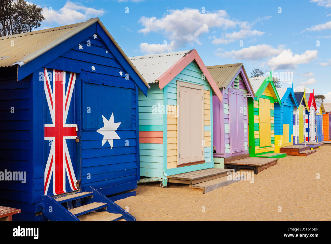 Bathing boxes in a beach with copyspace Stock Photo