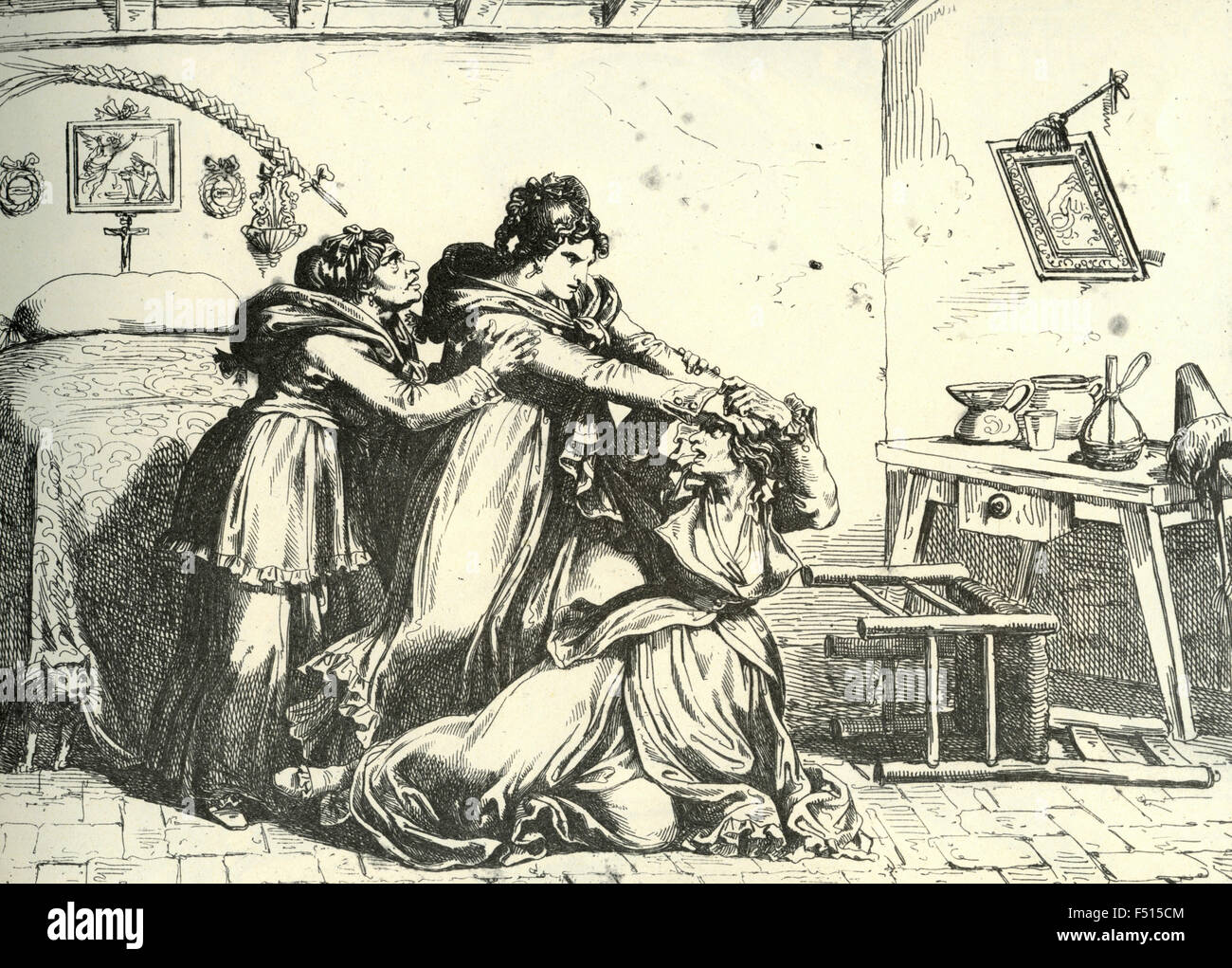Illustration: Nuccia beats Calpurnia as the author of his anger against Meo Patacca Stock Photo