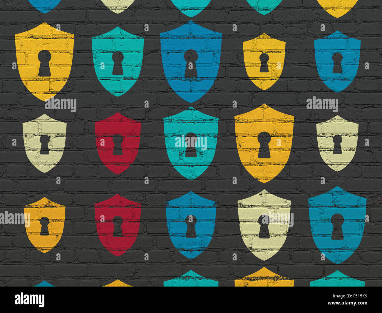 Safety concept: Shield With Keyhole icons on wall background Stock ...
