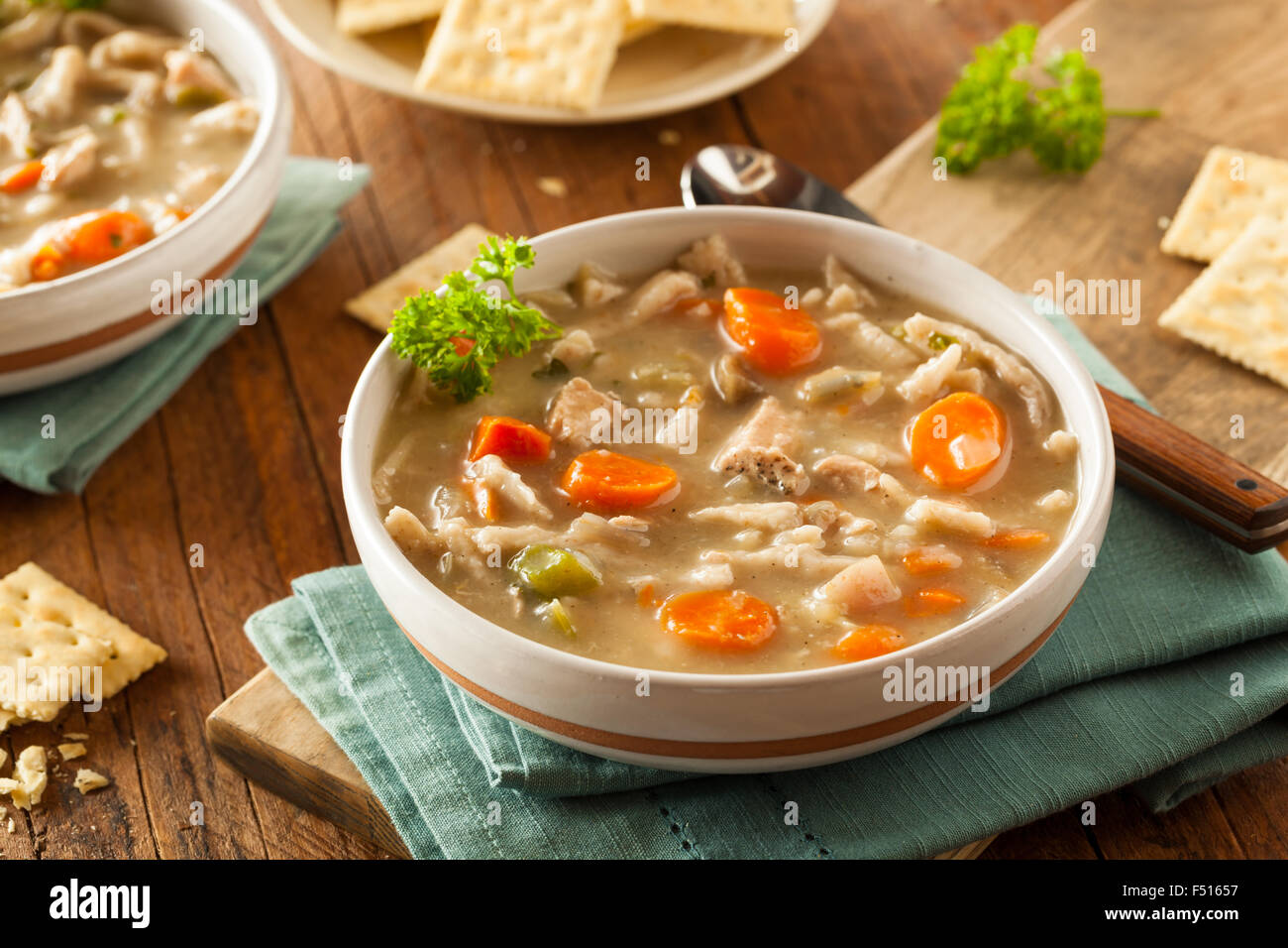 Homemade Chicken Noodle Soup with Carrots and Celery Stock Photo