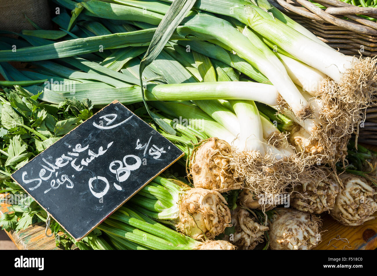Celeriac are offered for sale at the weekly market aside the river Elbe Stock Photo