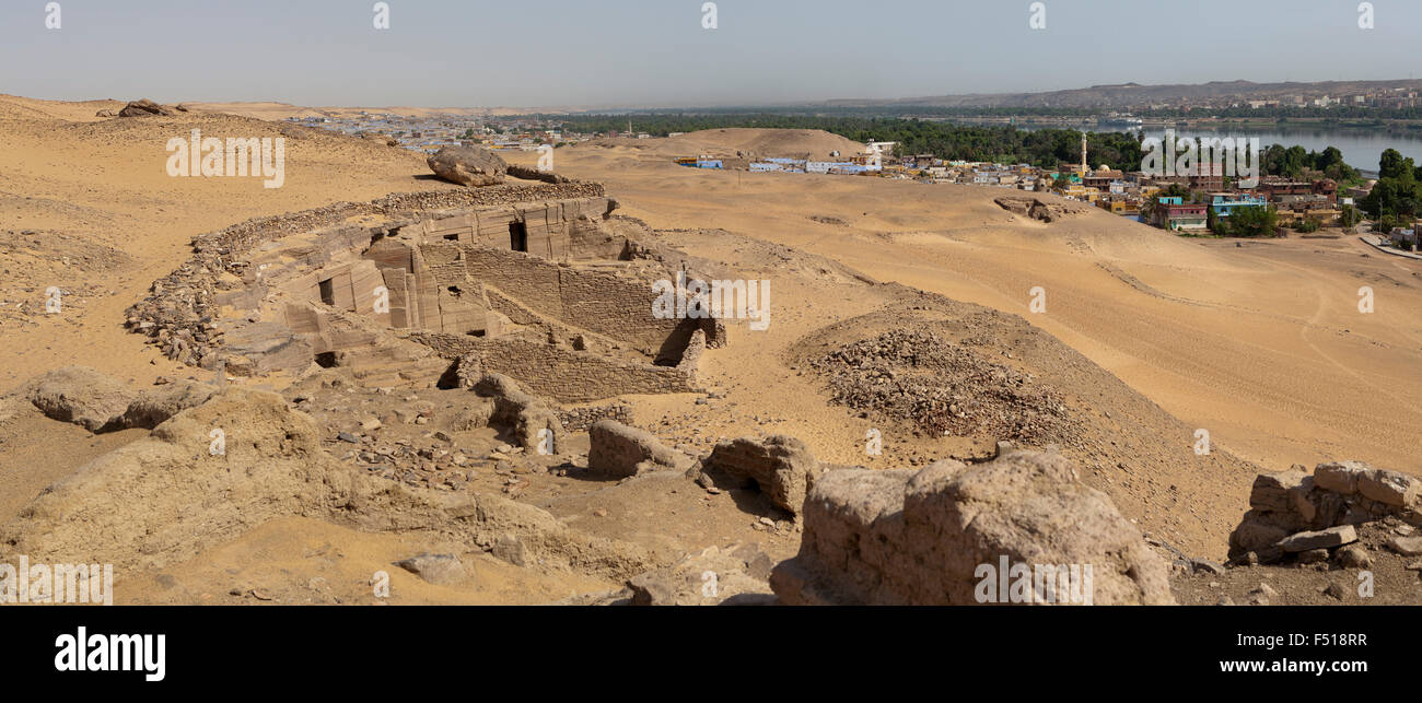 View of Tombs of The Nobles from the Tomb of the Wind, the domed Muslim Shrine, Aswan, Upper Egypt Stock Photo