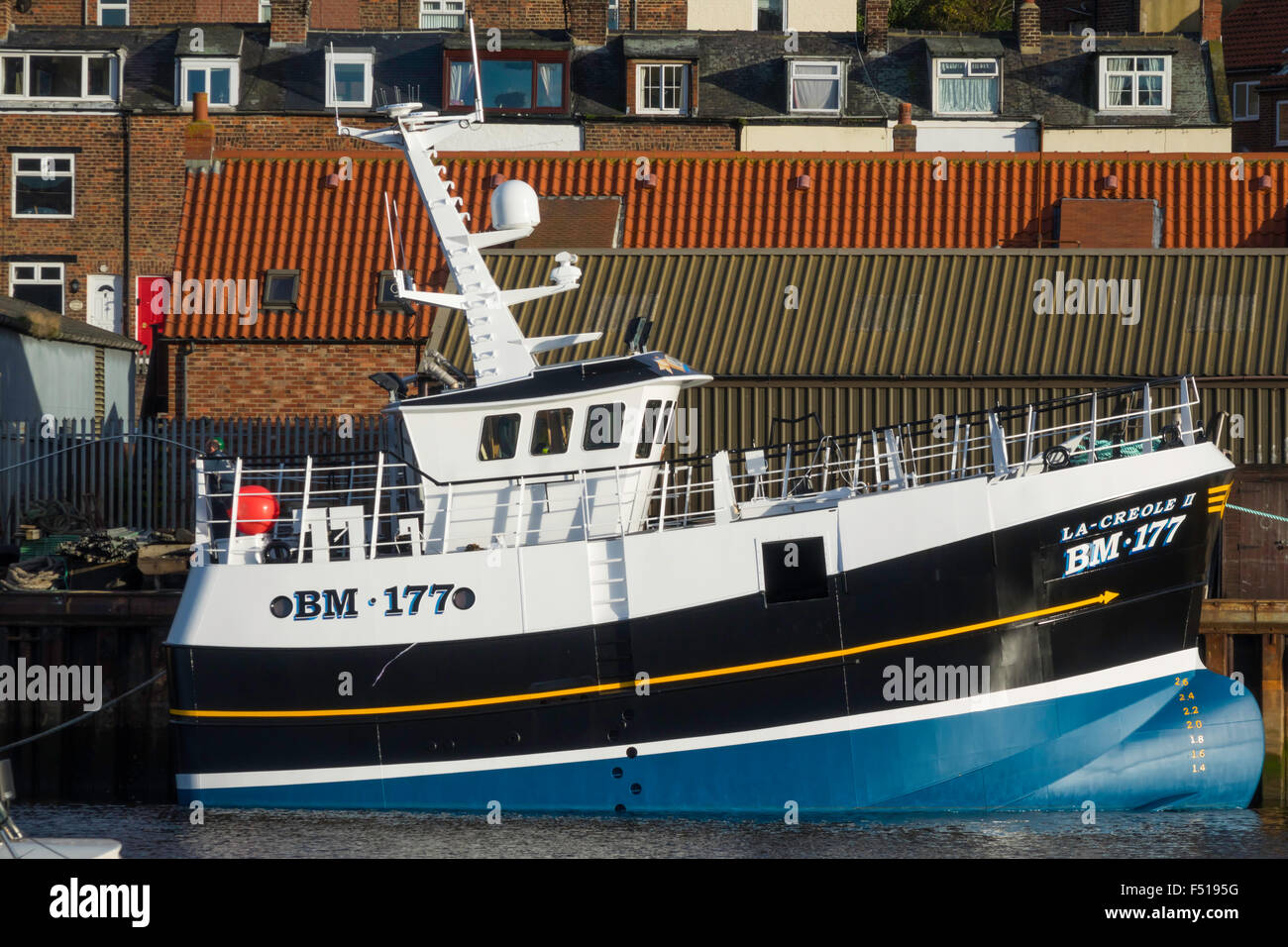Newly completed specialised crab fishing boat La Creole ll BM 177 moored at the Parkol shipbuilding yard at Whitby, North Yorks. Stock Photo