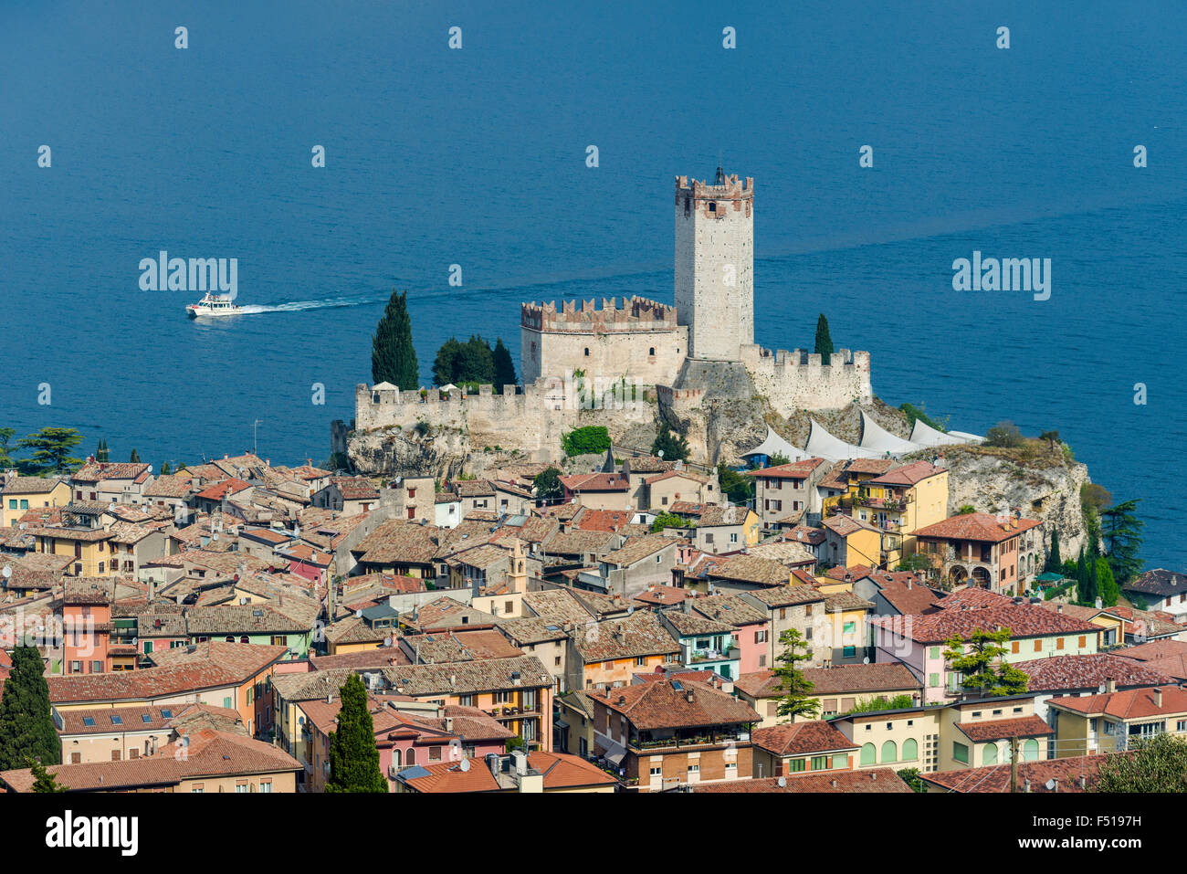 Aerial view of the old town, located at the shore of Lake Garda Stock Photo