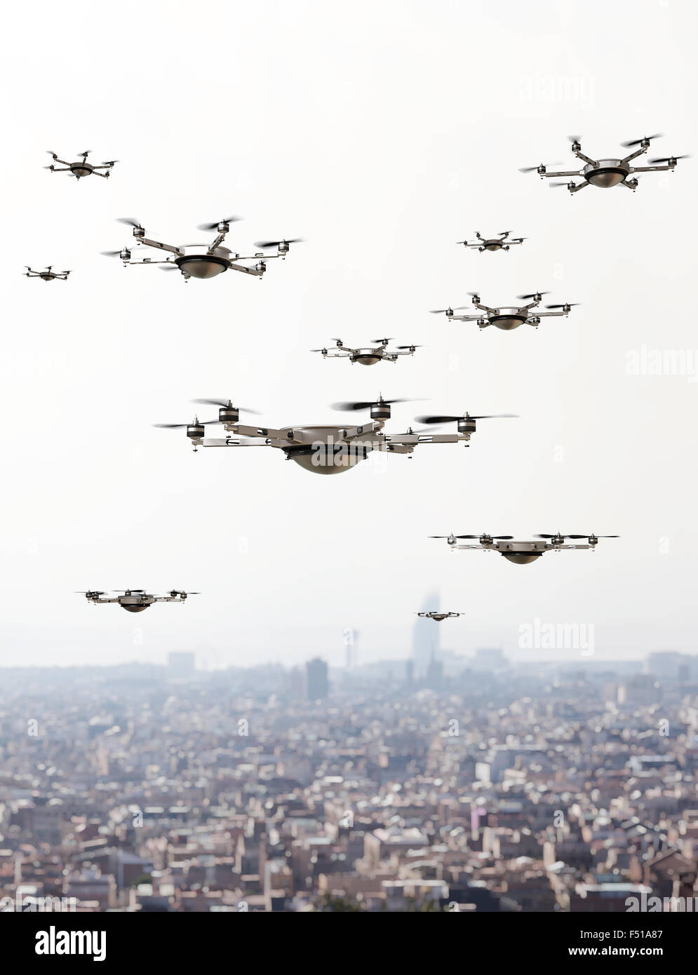drones invasion and town  background Stock Photo